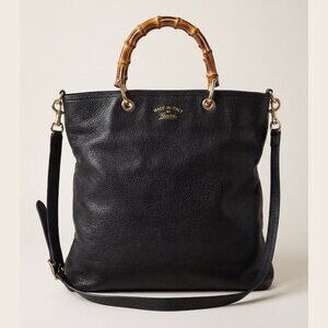 Gucci Black Leather Bamboo Tall Shopper Tote Bag Large Pre-Owned